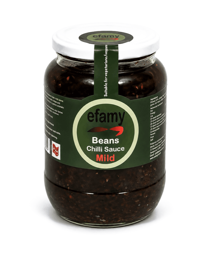 Jar of Efamy beans chilli sauce, mild, with a dark green label