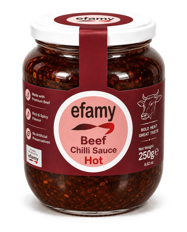 Jar of Efamy beef chilli sauce, hot, 250g