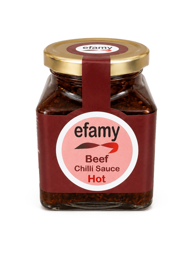 Jar of Efamy beef chilli sauce, hot