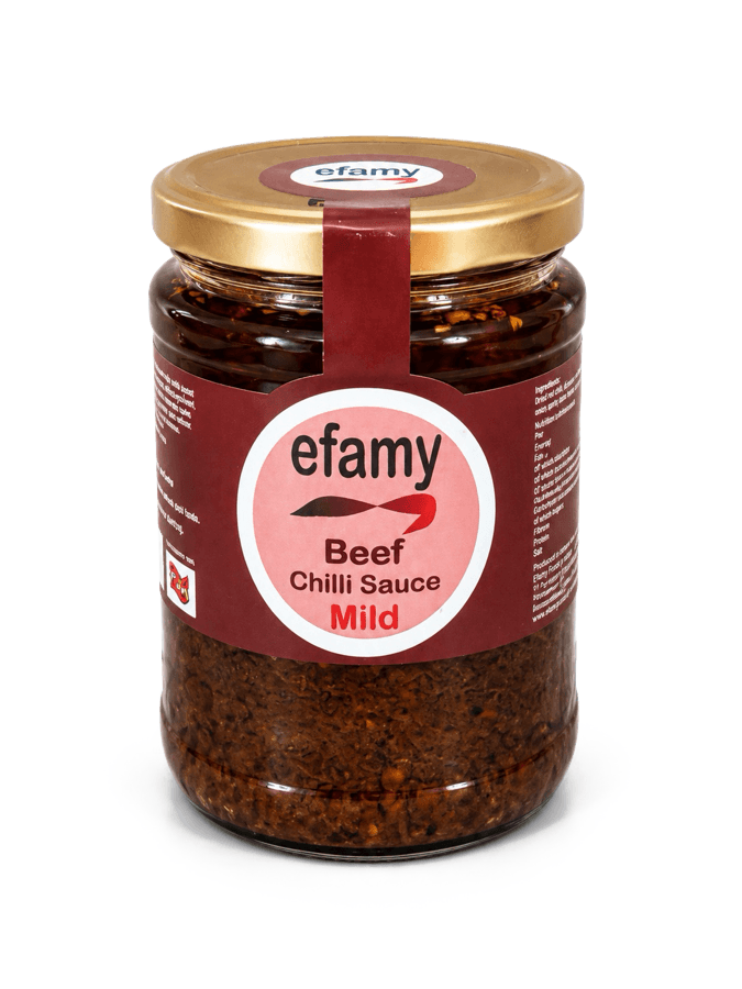 Jar of Efamy beef chilli sauce, mild, with a burgundy label