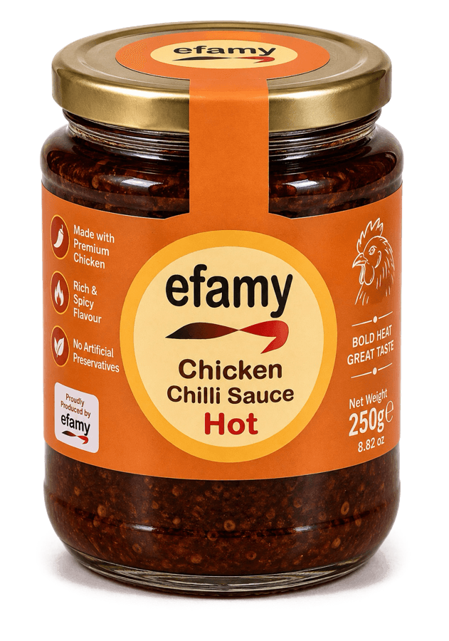 Jar of Efamy chicken chilli sauce, hot