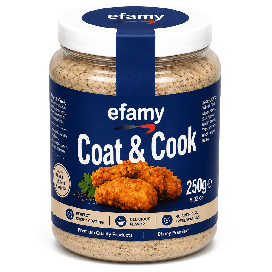 Jar of Efamy Coat & Cook seasoned coating mix, 250g