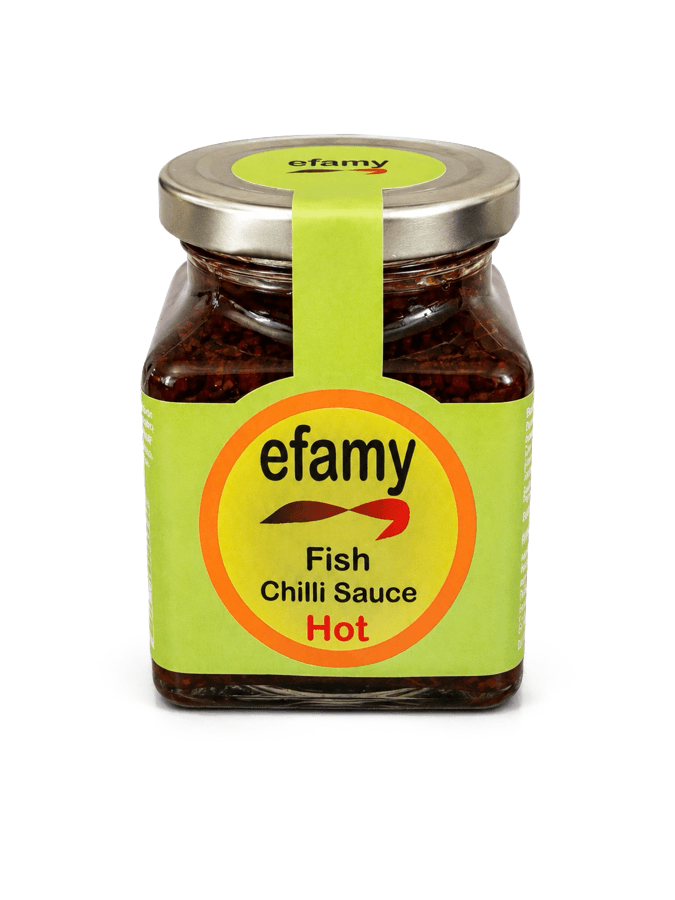 Square jar of Efamy fish chilli sauce, hot, with a green label