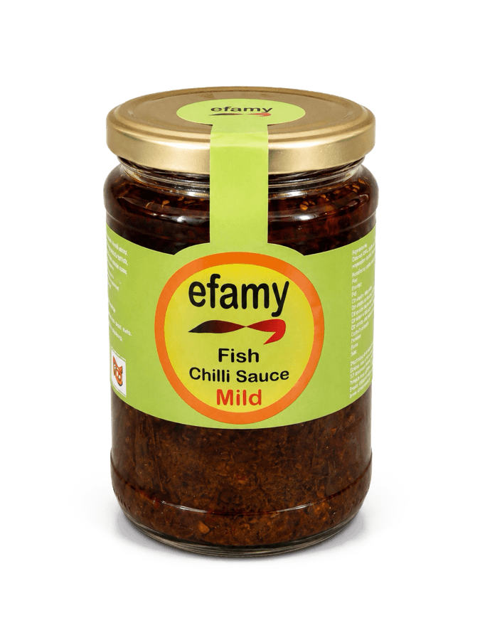 Jar of Efamy fish chilli sauce, mild, with a green label