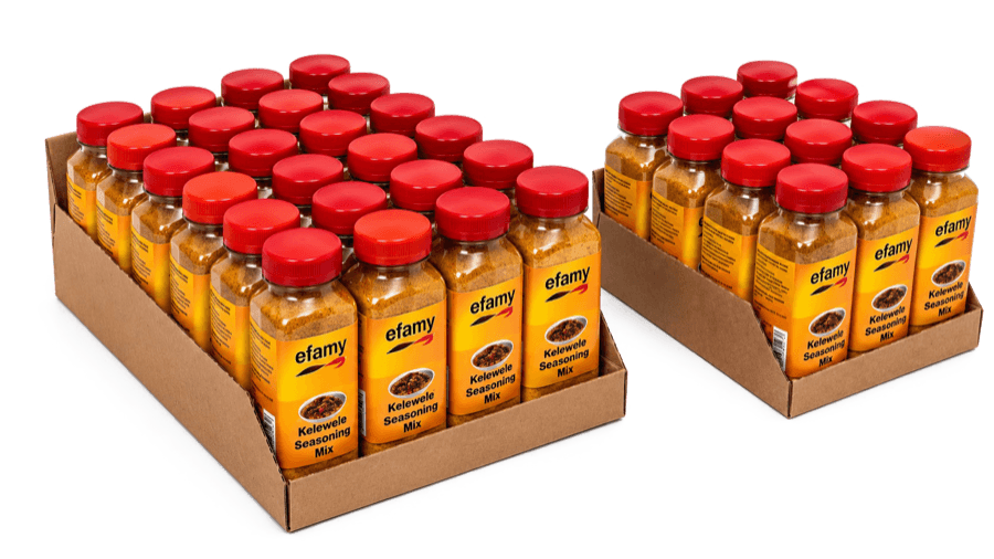 Bottles of Efamy kelewele seasoning mix with red caps