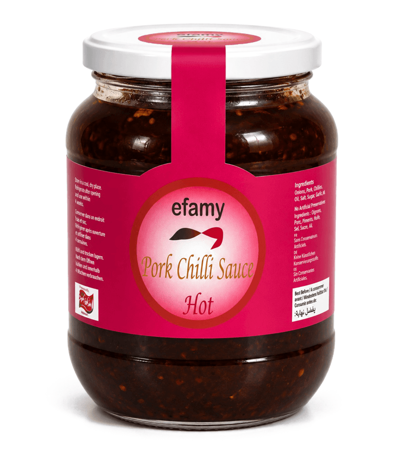 Jar of Efamy pork chilli sauce, hot, with a pink label