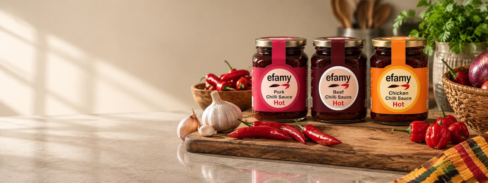 Efamy pork, beef and chicken chilli sauces on a wooden board with fresh chillies and garlic