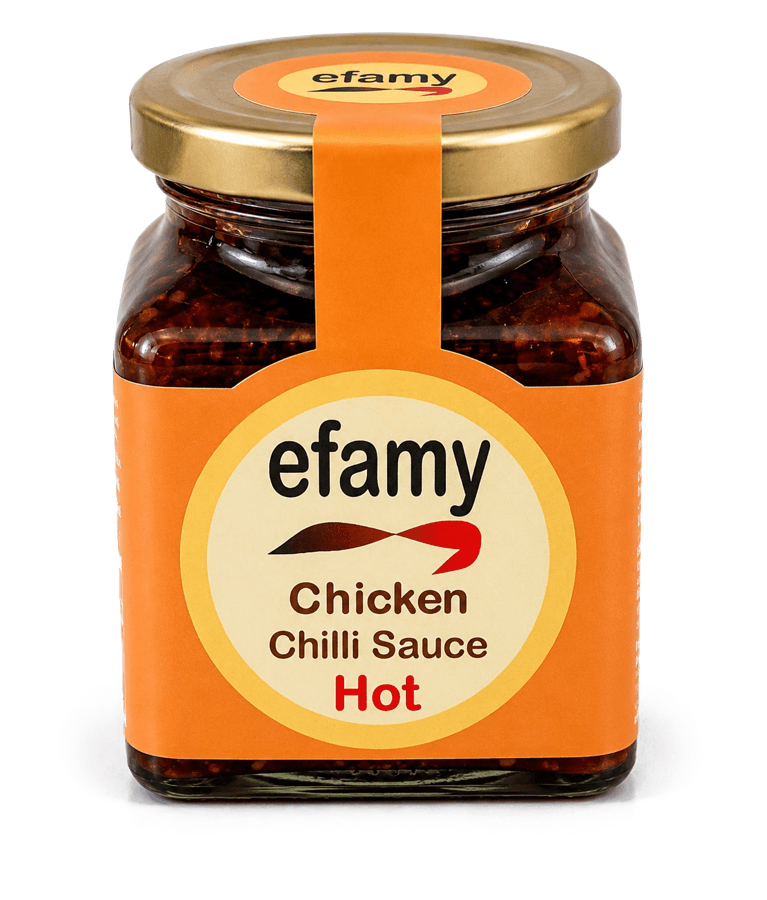 Jar of Efamy chicken chilli sauce, hot
