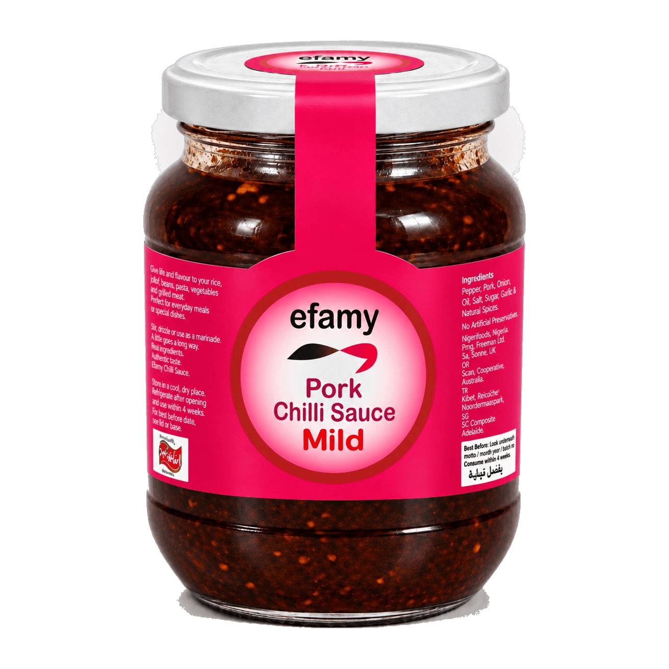 Jar of Efamy pork chilli sauce, mild
