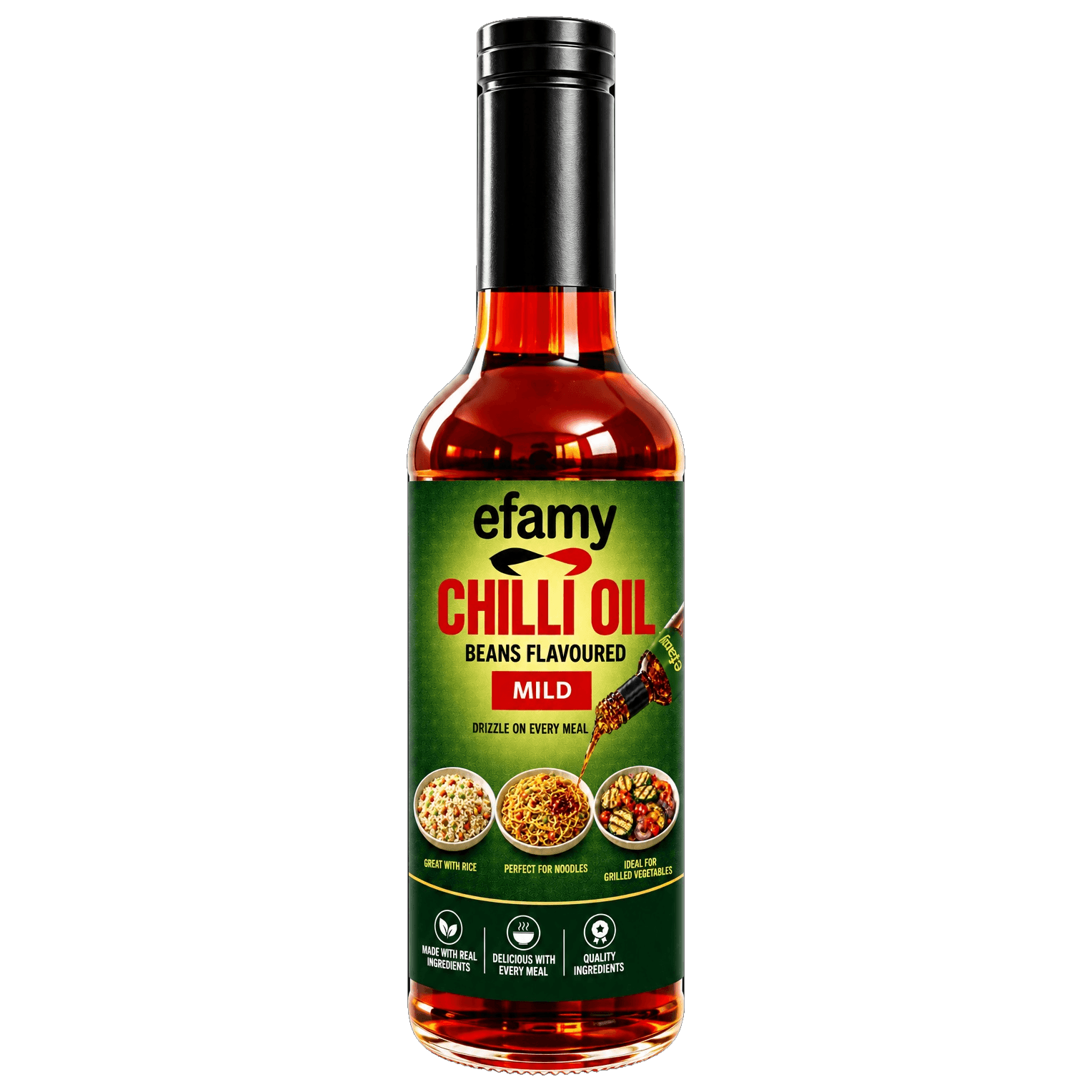 Bottle of Efamy beans flavoured chilli oil, mild