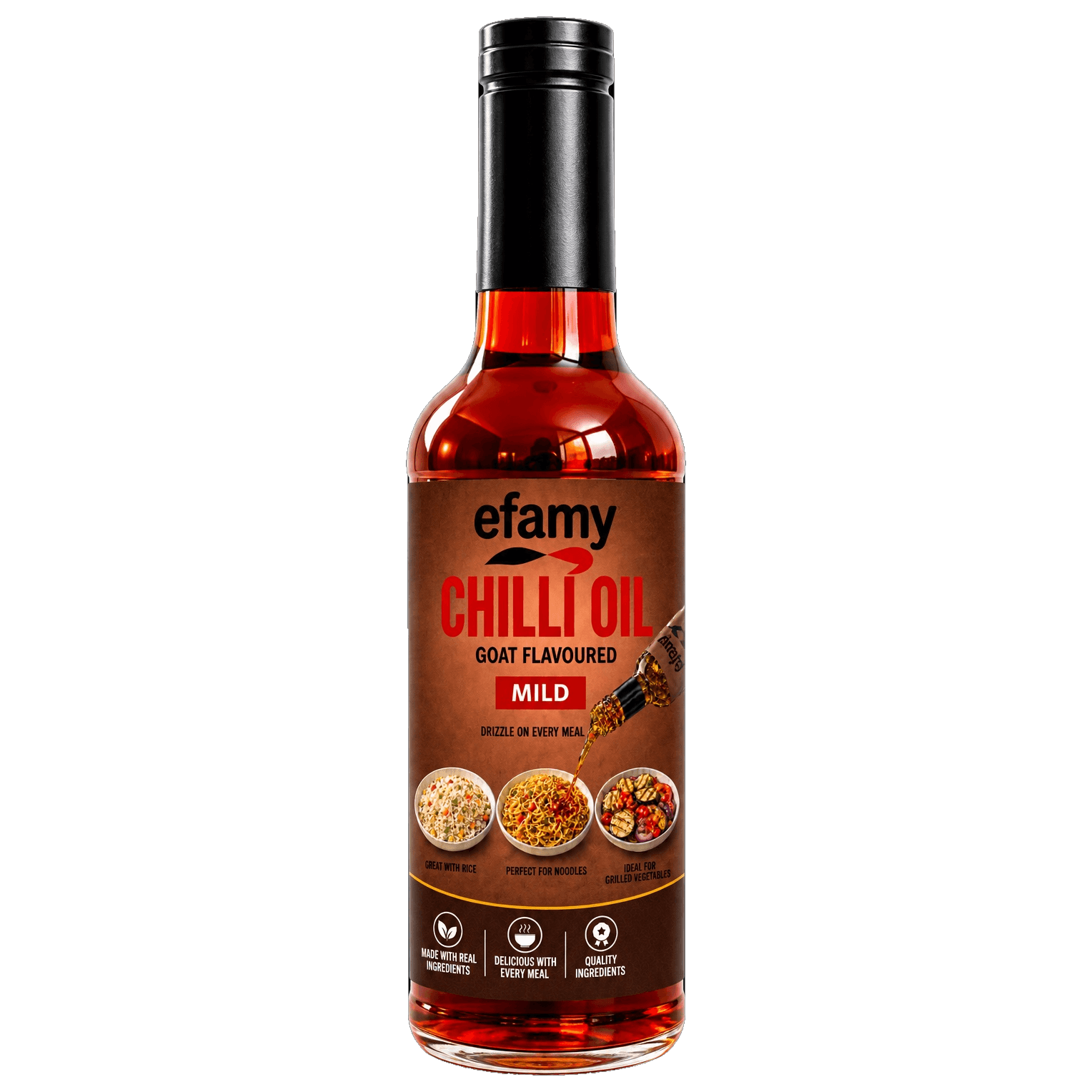 Bottle of Efamy goat flavoured chilli oil, mild