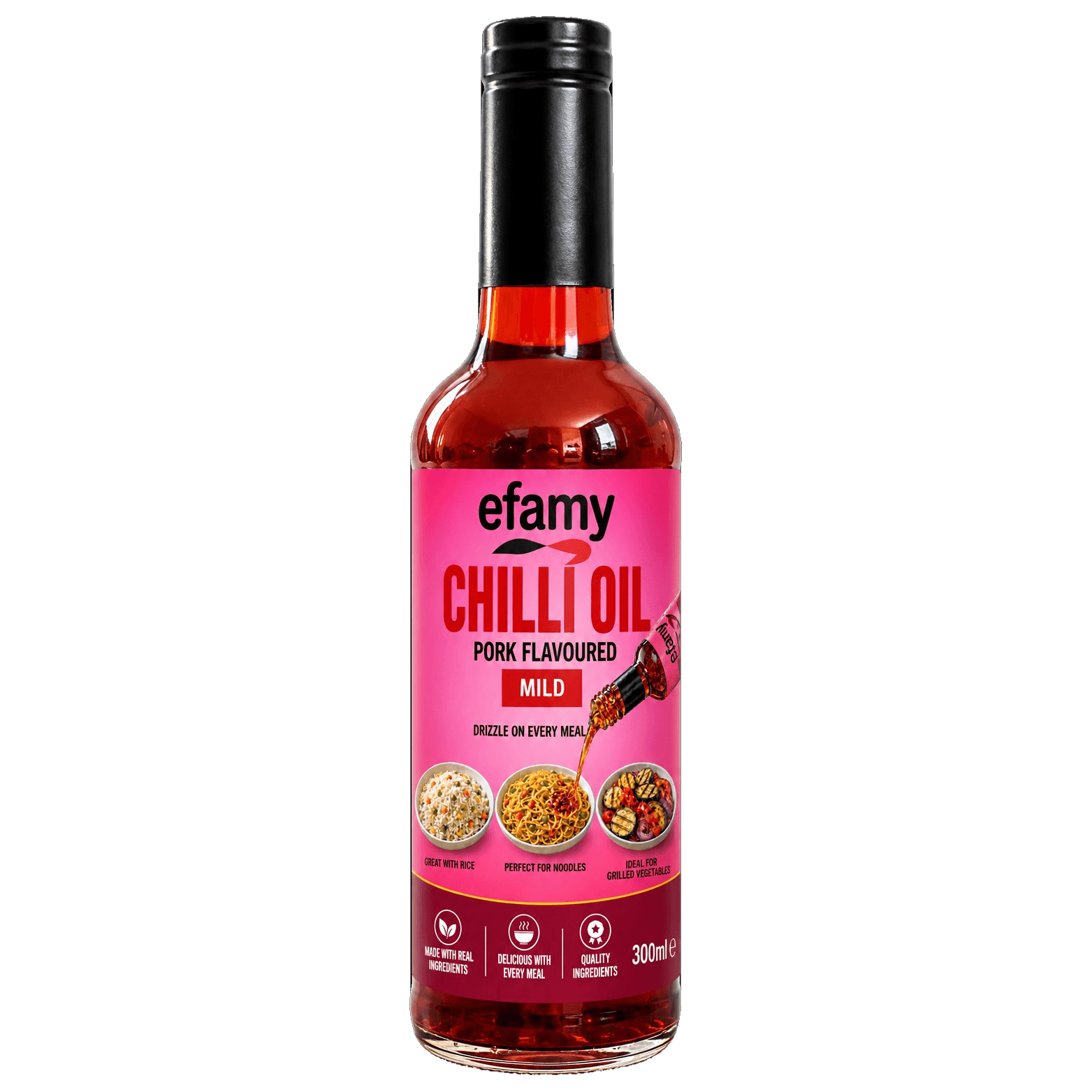 Bottle of Efamy pork flavoured chilli oil, mild